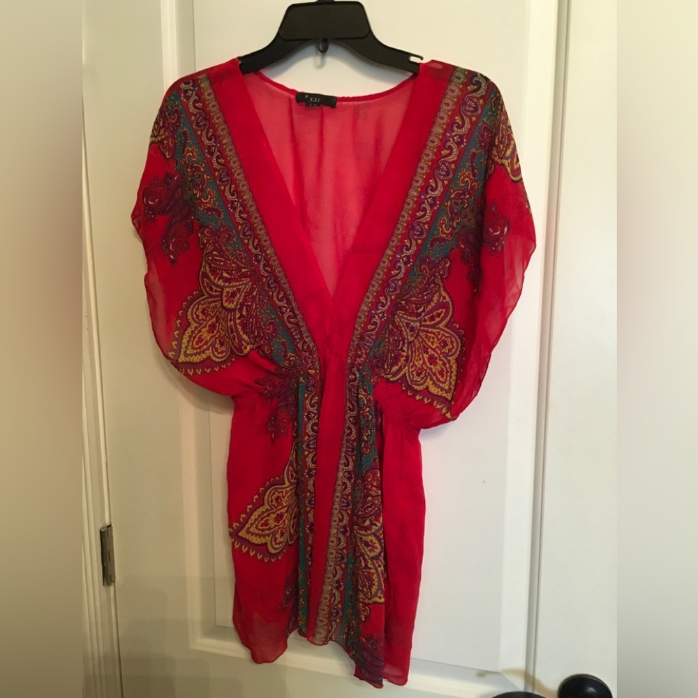 Red Sheer Paisley Kaftan Bohemian blouse, sexy gorgeous! L